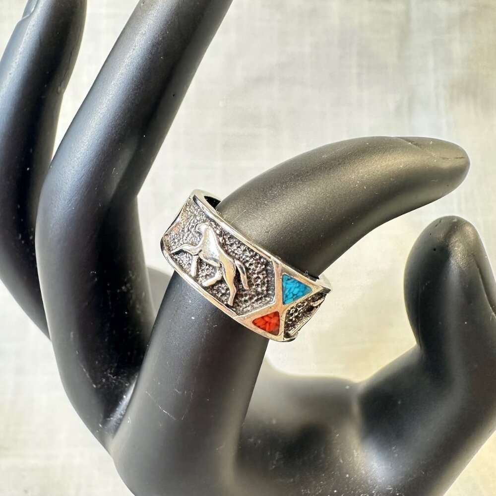 Sterling Silver Horse Accent Ring with Red and Turquoise Inlay - Picture 2 of 10